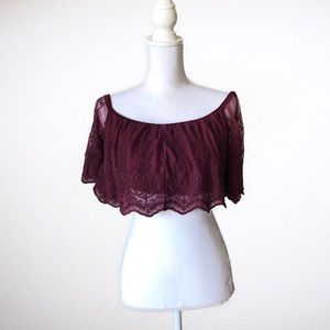 Tobi Burgundy Lace Off The Shoulder Crop Top - Med